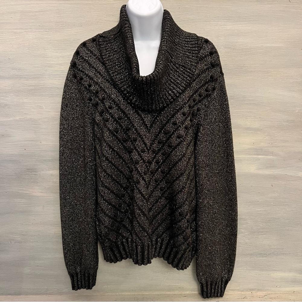 600 West Black Metallic Silver Thread Vneck Sweater w/ Removable‎ Cowl XL GC